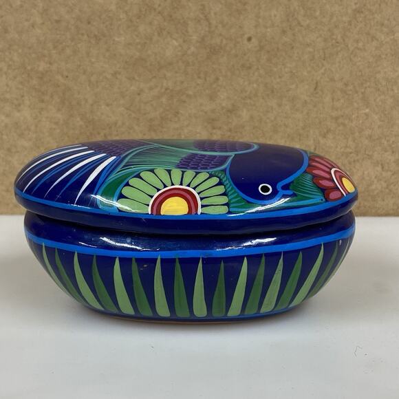 Mexican Folk Art Pottery Oval Trinket Box Hand Painted Blue Bird Flowers - Picture 4 of 10